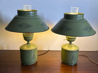 Vintage MCM Olive Green Toleware Table Lamps  Matching Pair With Folk Art Motif