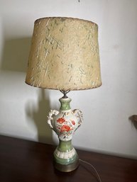 Vintage Floral Porcelain Table Lamp With Ornate Handles & Textured Shade