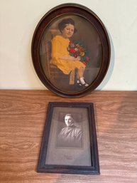 2 Antique Framed Portrait Photographs  Hand-Tinted Child & Rembrandt Studio Minneapolis