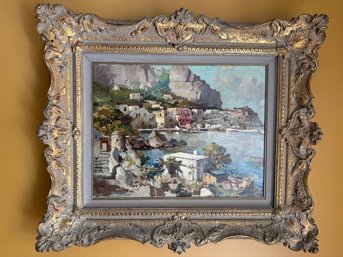 Original Signed Mediterranean Coastal Landscape Oil Painting In Ornate Frame