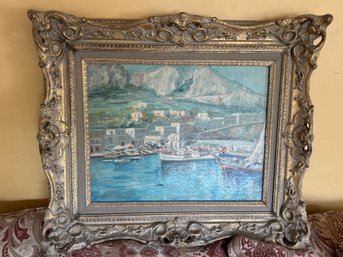 C. Perindani Signed Harbor Landscape Oil Painting In Ornate Gilt Frame
