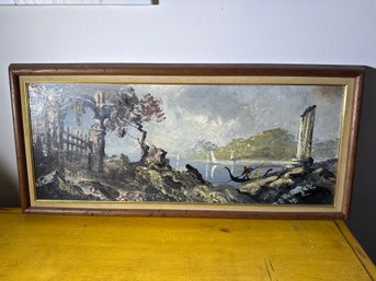 Vintage Framed Mid-Century Landscape Oil Painting On Board -   European Harbor Scene  33' X 15'