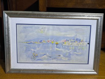 Signed Coastal Harbor Mixed Media Painting By Manno In Silver-Tone Frame, 23' X 15'