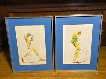 Pair Of Original Ted Tanabe Watercolor Golf Paintings – Framed Sports Art