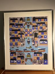 Large Framed Jinshan Peasant Painting Print – Chinese Folk Art Village Scene