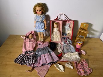 Vintage Ideal Shirley Temple & Vogue Ginnette-Era Doll Collection – 3 Dolls, Tagged Clothing, Wardrobe Case, C