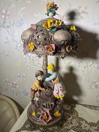 Vintage Italian Capodimonte Crown N Porcelain Boy & Girl Water Well Figural Table Lamp