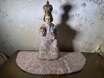 Large Vintage Infant Jesus Of Prague Devotional Statue With Crown, Orb & Elaborately Embroidered Pink Vestment