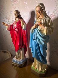 Large Vintage Sacred Heart Of Jesus & Immaculate Heart Of Mary Religious Statues  Pair, 26' Tall