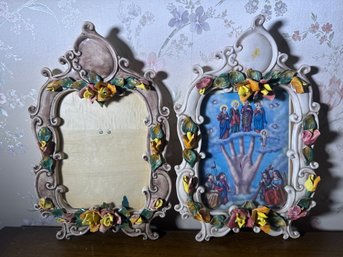 Pair Vintage Capodimonte Italy Porcelain Floral Frames – Applied Roses & Scrollwork – 17' Tall