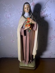 Large Vintage Saint Thérèse Of Lisieux 'Little Flower' Religious Statue With Crucifix & Roses