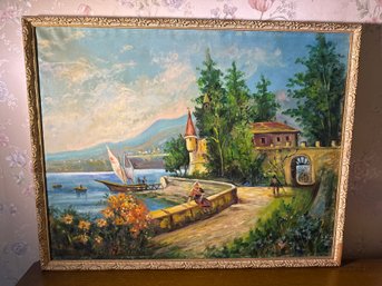 Large Original Vintage Oil On Canvas – European Lakeside Village Landscape In Ornate Gilt Frame