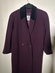 Vintage Jones New York 100% Pure Wool Burgundy Coat With Black Velvet Collar  50' Long