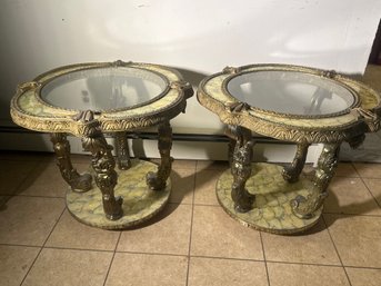 Pair Vintage Hollywood Regency Florentine Capiz Shell & Glass End Tables – Ornate Gilt Bases