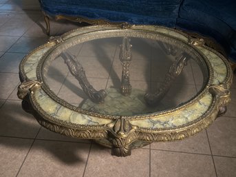 Vintage Hollywood Regency Florentine Capiz Shell & Glass Coffee Table – Ornate Gilt Base