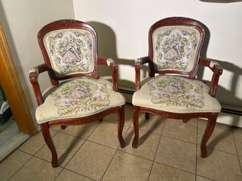 Pair Of Vintage French Provincial Louis XV-Style Armchairs With Romantic Tapestry Upholstery