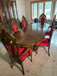 Vintage Mediterranean / Rococo Revival Double-Pedestal Dining Table With 6 Red Upholstered Chairs – 2 Captain'