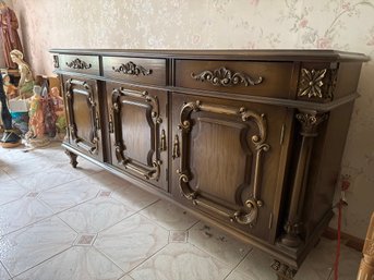 Large 6' Vintage Ornate Mediterranean Revival Sideboard / Buffet With Carved Cabinetry