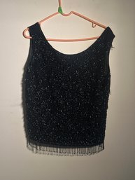 Vintage Hong Kong Black Beaded Zephyr Wool Evening Top – Hand-Beaded Fringe – Size 36