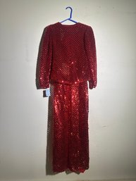 Vintage Red Sequin Evening Dress & Matching Cropped Jacket – 2-Piece Formal Ensemble, Size 12 / M