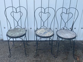 Vtg Wrought Iron Ice Cream Parlor Chair Bar Stool Heart Back Set Of Three