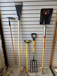 Tuff Stuff 7' Multi-Purpose Scraper, G-Force Pro Sledgehammer & Square Point Shovel, Tru Built Hoe, Pitchfork