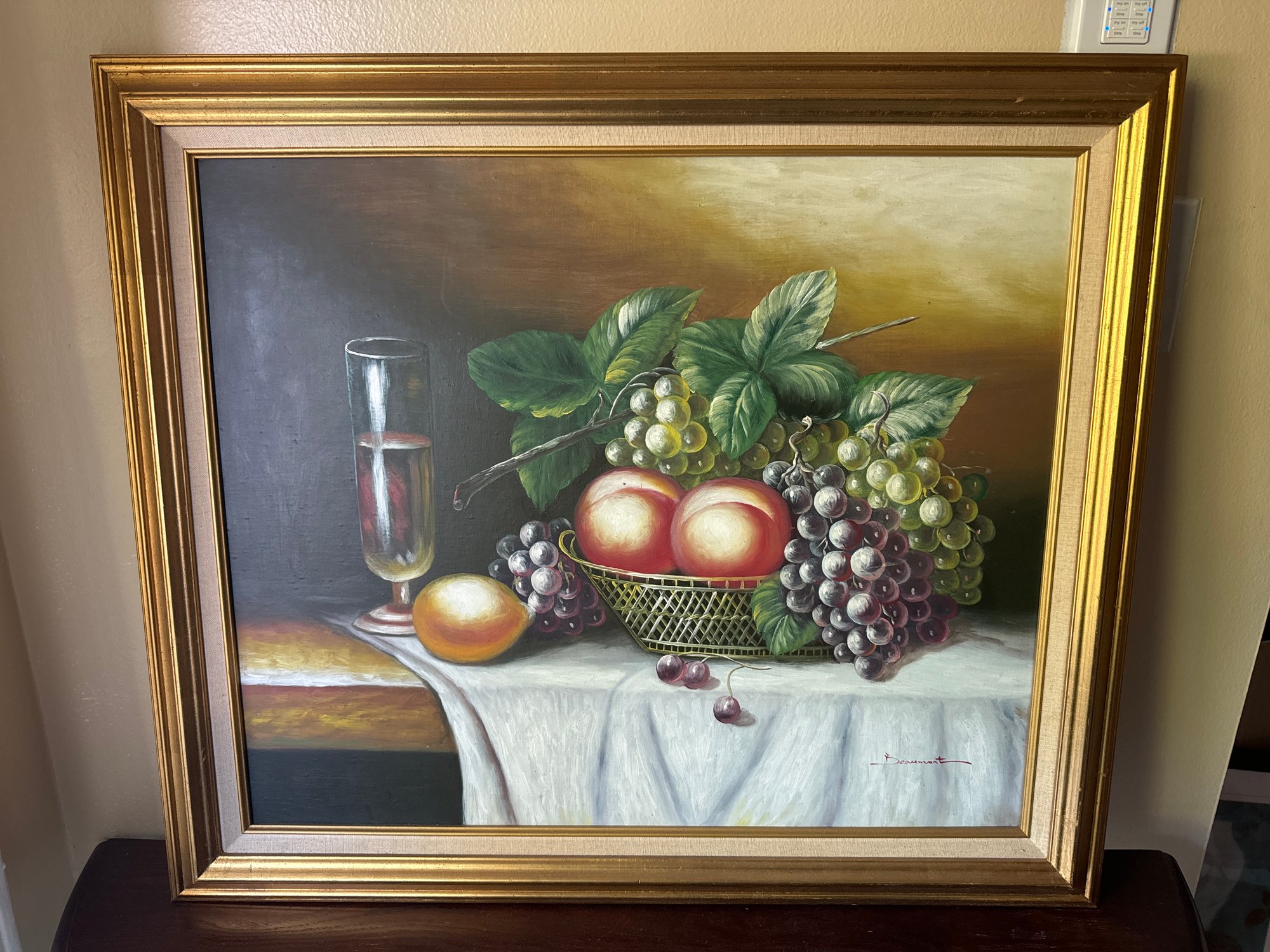 Signed "Beaumont" Still Life Oil Painting Fruit Basket With Wine Glass