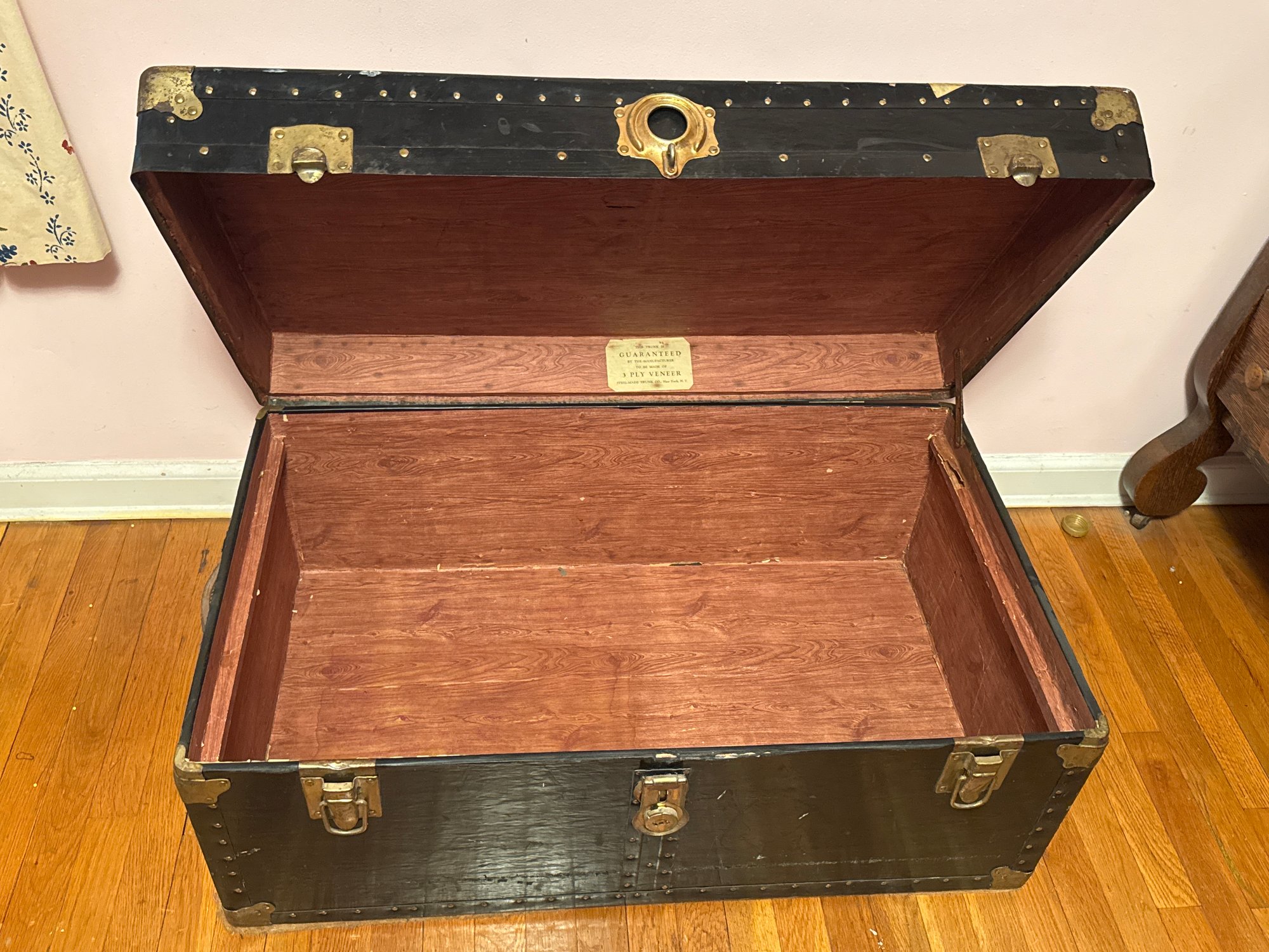 Vintage Steel-Made 3-Ply Veneer Travel Trunk NY Maker, Industrial