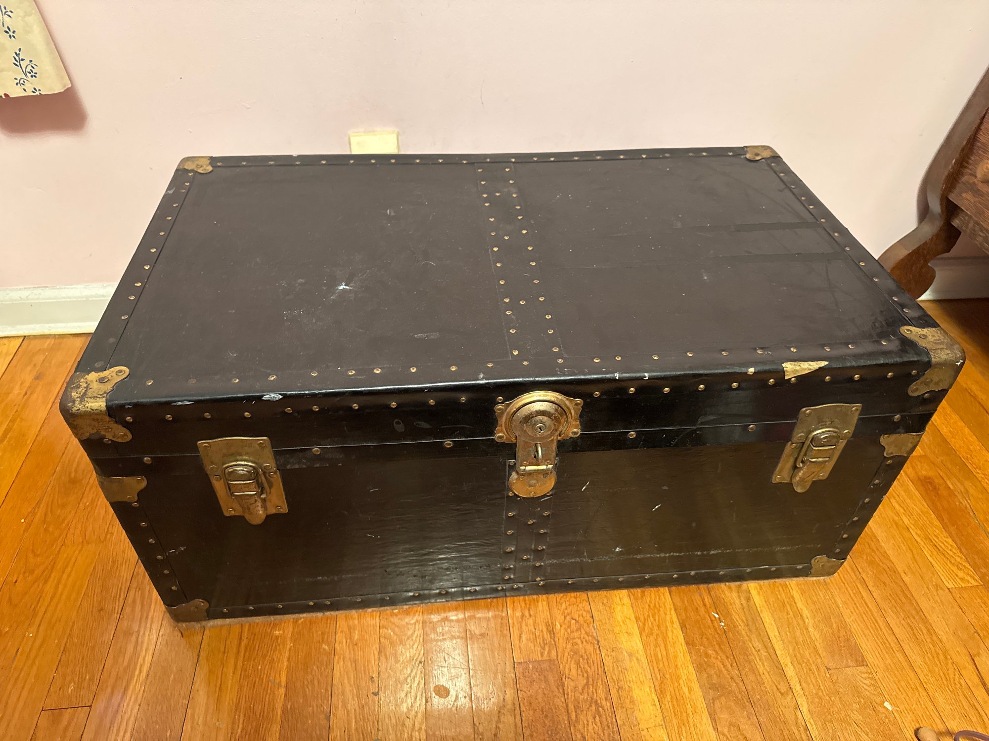 Vintage Steel-Made 3-Ply Veneer Travel Trunk NY Maker, Industrial
