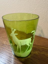 Antique Mary Gregory Style Green Glass Tumbler  White Enamel Deer & Ferns, Victorian C. 1880s1900