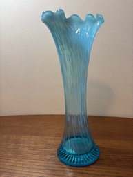 Antique Blue Opalescent Swung Vase 10.5' Ruffled Leaf Pattern Jefferson C.1905