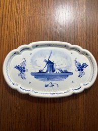 Vintage Schoonhoven Delft Hand-Painted Oval Wall Plaque  Windmill & Canal Scene  Made In Holland, 9.5'