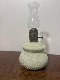 Antique Victorian Miniature Oil Lamp C. 18901910  Embossed Custard Glass Ferns & Flowers  Brass Burner & Ch