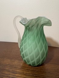 Victorian Mother-of-Pearl Satin Glass Pitcher  Green Diamond Quilted, Frosted Reeded Handle, Ruffled Rim  6'