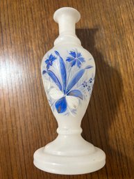 Antique Victorian Bristol Glass Vase C. 18801900  Frosted White Satin W/ Hand-Painted Cobalt Florals & Gilt