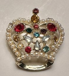Rhinestone And Faux Pearl Royal Crown Brooch