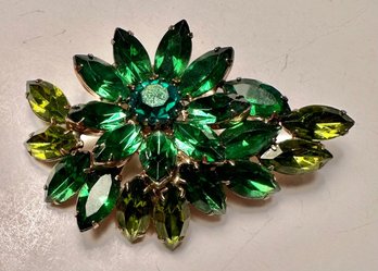 Vintage Green Rhinestone Floral Brooch