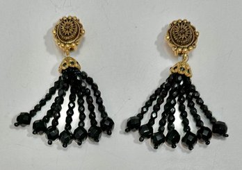 Vintage Brass And Black Bead Clip-on Earrings