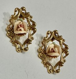 Dainty Filigree Earrings With Pink Rose Centers