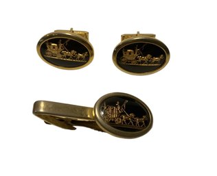 Horse And Carriage Design Tie Bar And Matching Cuff Links