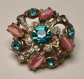 Dainty Pin With Pink, Clear And Aqua Rhinestones