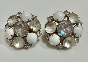Hobe Vintage Clip-0n Earrings - White And Clear Stones