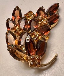 Brown And Gold Rhinestone Floral Spray Brooch