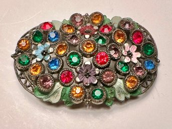Vintage Multicolored Rhinestone Brooch-Stamped 'S'