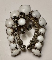 Horseshoe Brooch-white Stones & Smoky Rhinestones