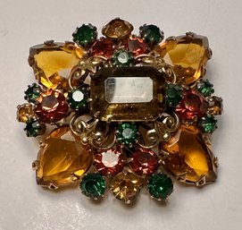 Vintage Rhinestone Brooch- Brown, Gold, Orange And Green Rhinestones