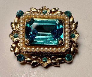 Vintage Coro Pin-faux Pearls & Aqua Rhinestones
