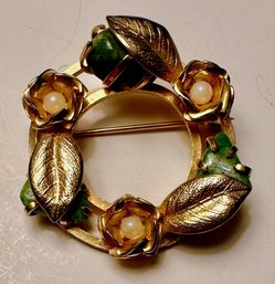 Vintage Wreath Pin-faux Pearls & Green Stone