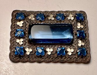Beautiful Large Rectangular Vintage Brooch  Blue Rhinestones Set In Filigree Setting