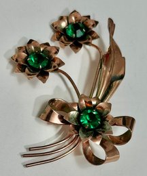 Vintage Copper Floral Pin-Green Rhinestone